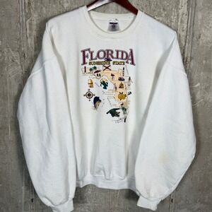 Vintage Jerzees Florida Sunshine State Map Graphic Sweatshirt White XL Mens